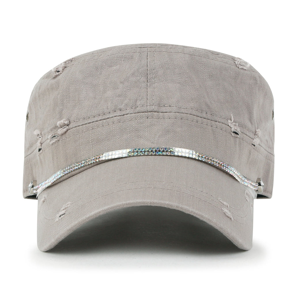 Vintage Distressed Rhineston Lined Cadet Cap Cotton Army Hat