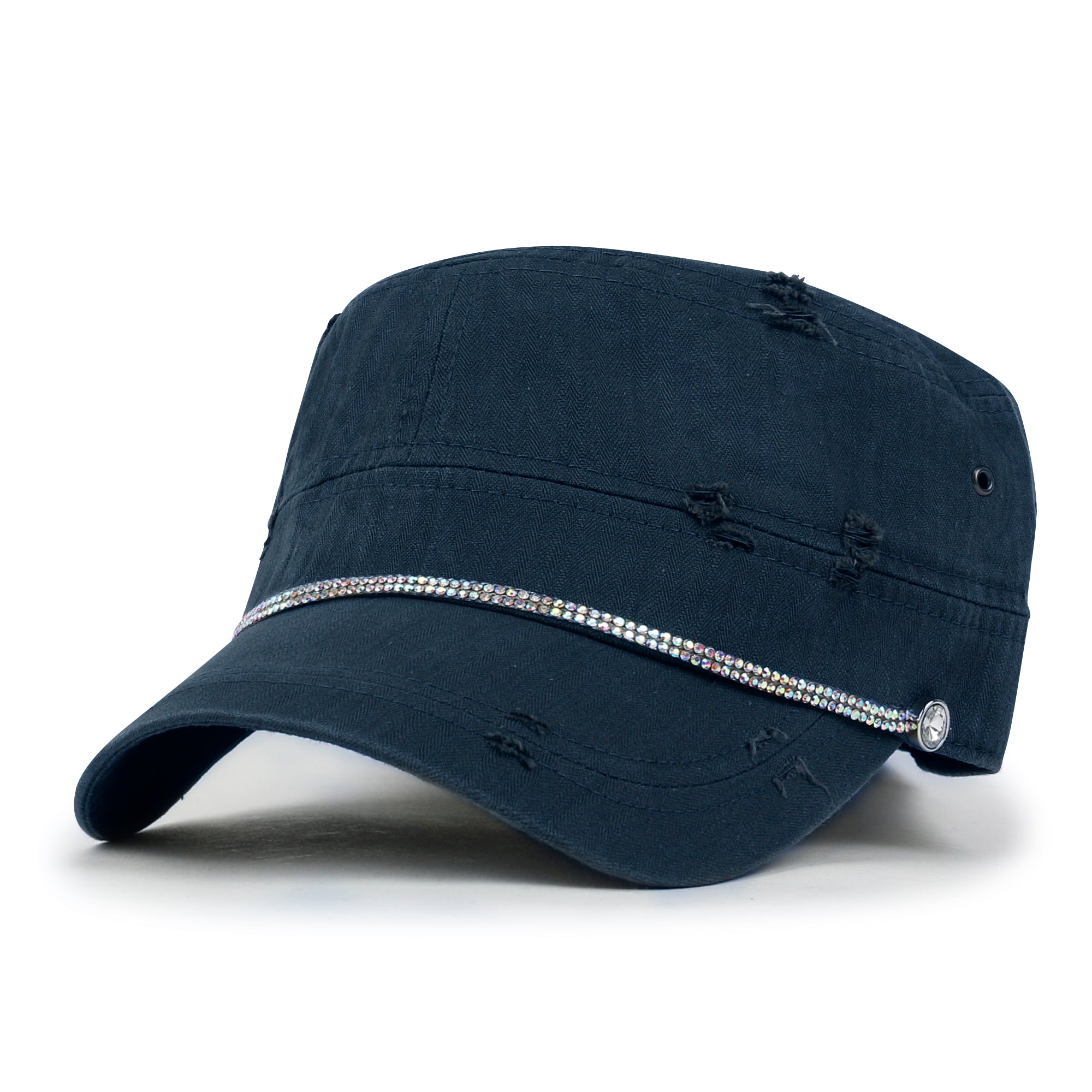 Vintage Distressed Rhineston Lined Cadet Cap Cotton Army Hat