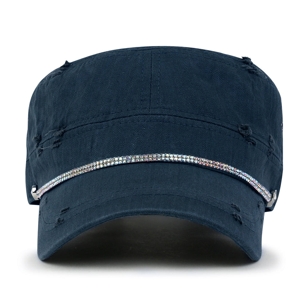 Vintage Distressed Rhineston Lined Cadet Cap Cotton Army Hat