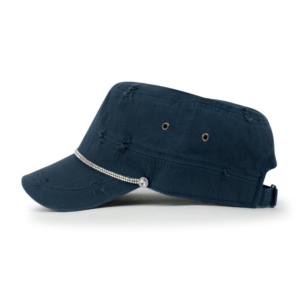 Vintage Distressed Rhineston Lined Cadet Cap Cotton Army Hat