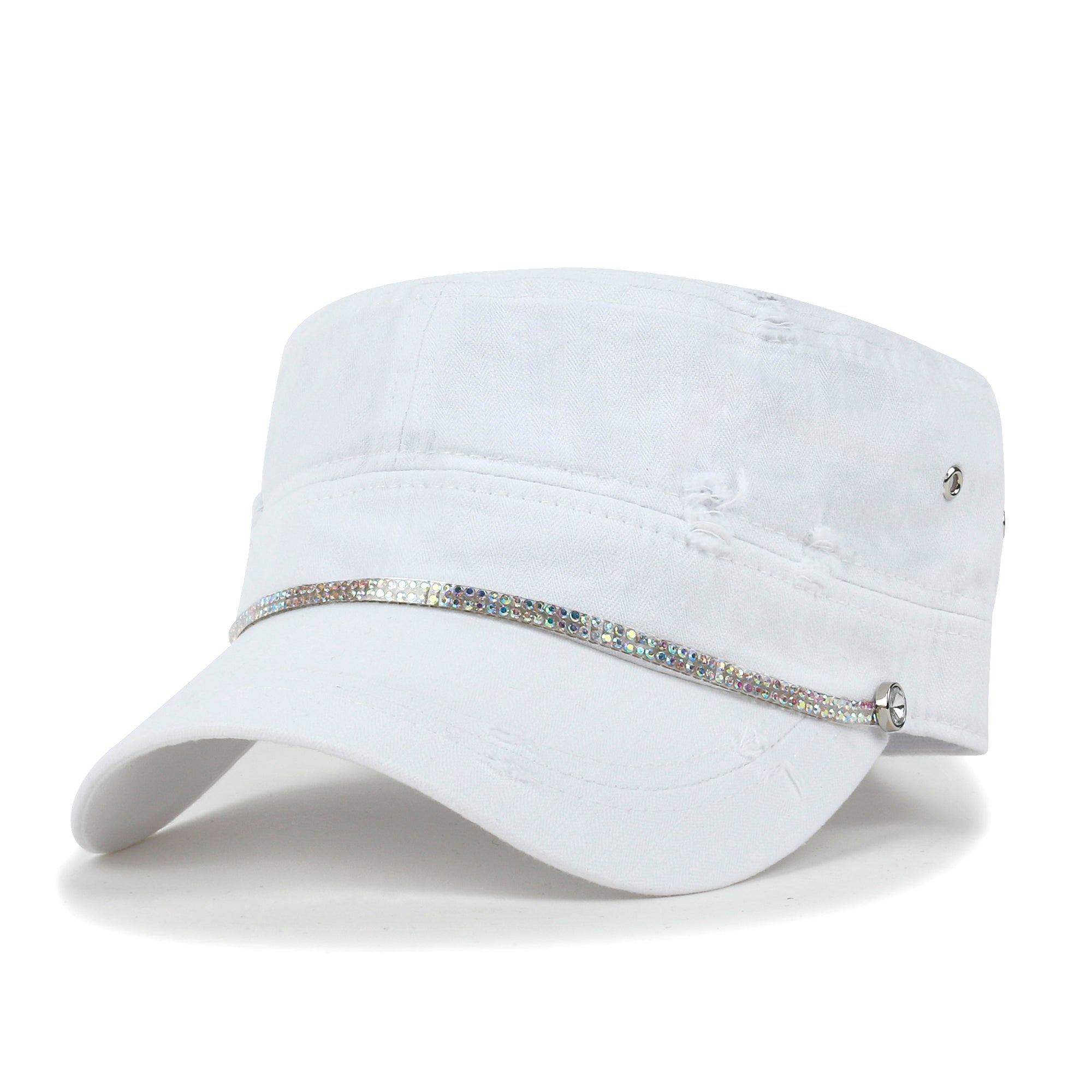 Vintage Distressed Rhineston Lined Cadet Cap Cotton Army Hat