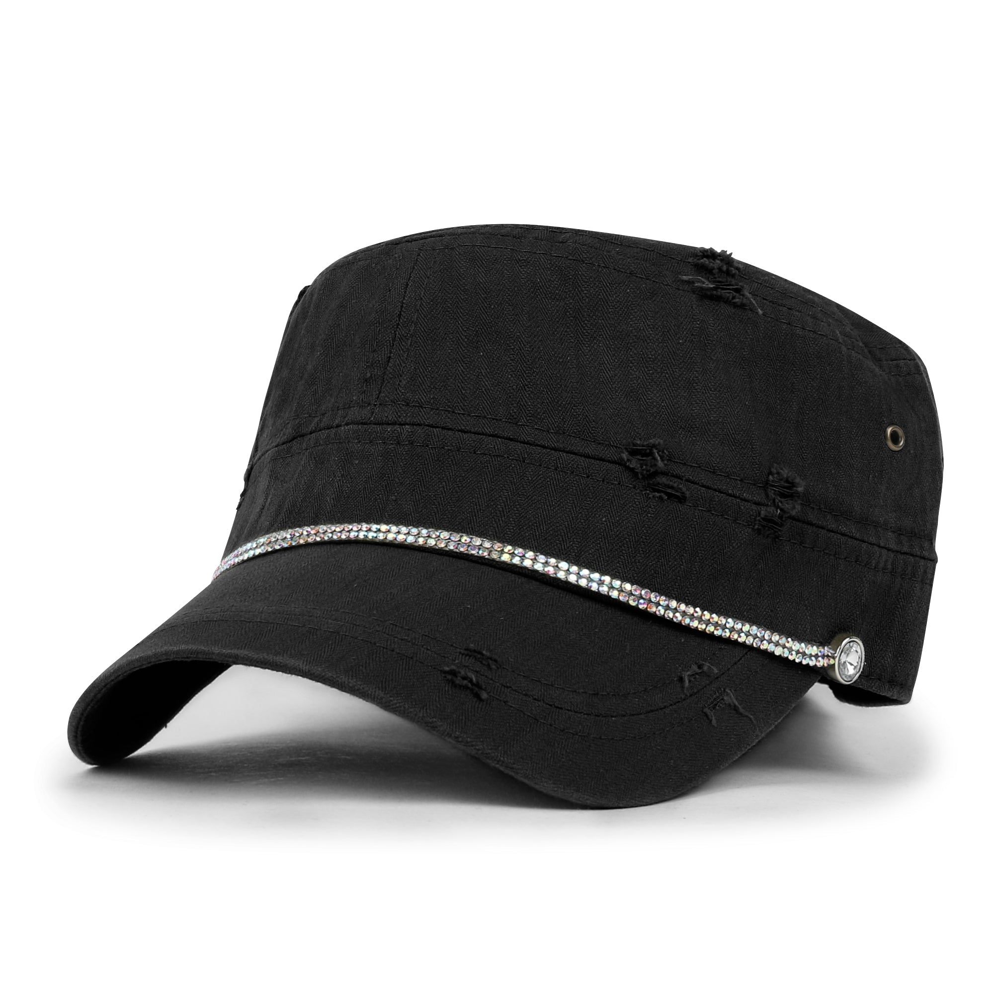 Vintage Distressed Rhineston Lined Cadet Cap Cotton Army Hat