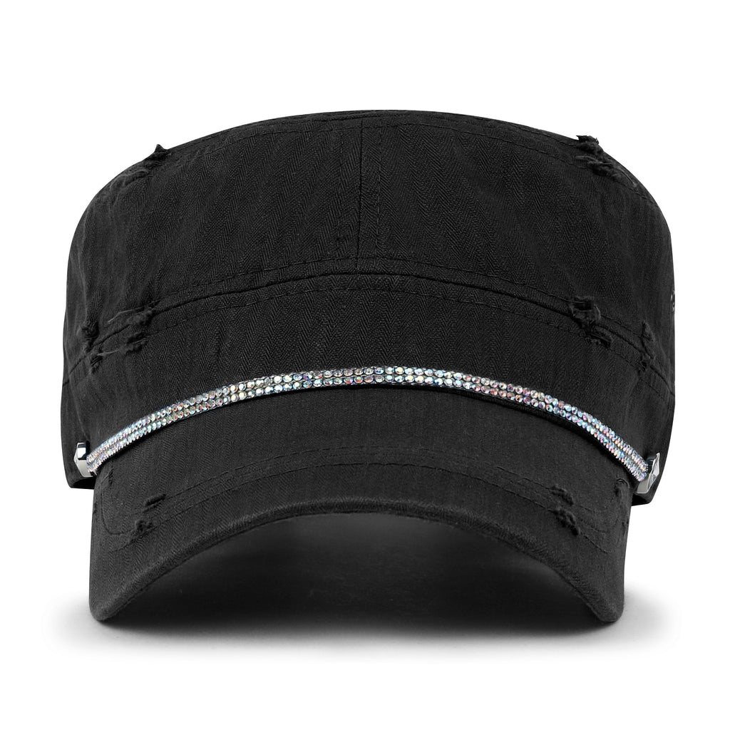 Vintage Distressed Rhineston Lined Cadet Cap Cotton Army Hat