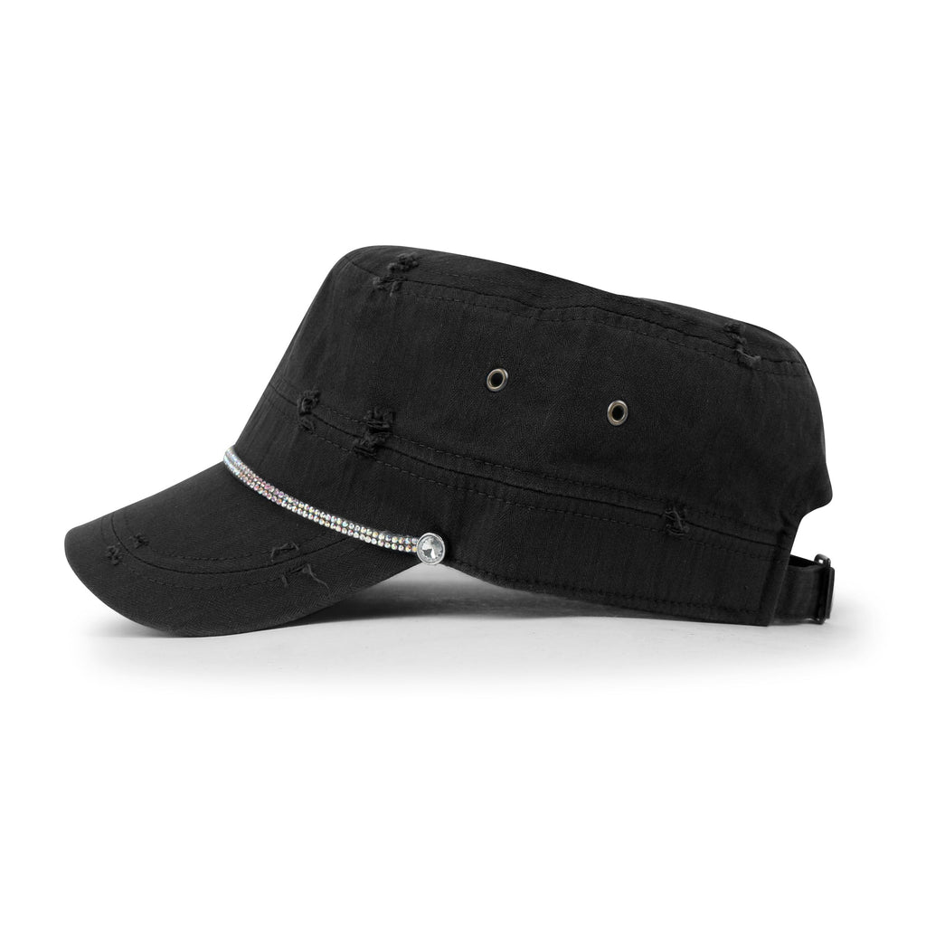 Vintage Distressed Rhineston Lined Cadet Cap Cotton Army Hat