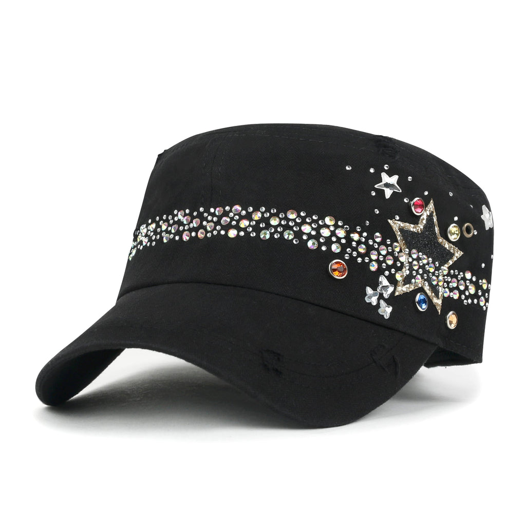 Vintage Distressed Star Spangle Cotton Army Hat Rhinestone Cadet Cap