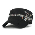 Vintage Distressed Star Spangle Cotton Army Hat Rhinestone Cadet Cap