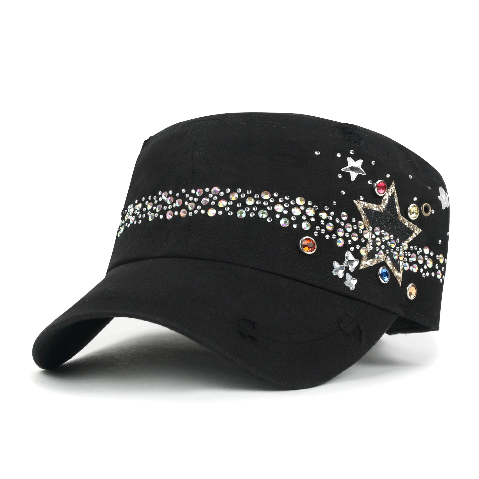 Vintage Distressed Star Spangle Cotton Army Hat Rhinestone Cadet Cap