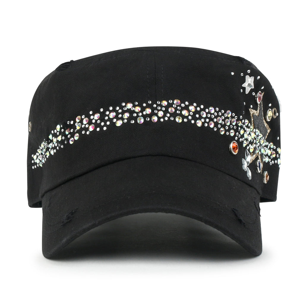 Vintage Distressed Star Spangle Cotton Army Hat Rhinestone Cadet Cap