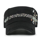 Vintage Distressed Star Spangle Cotton Army Hat Rhinestone Cadet Cap