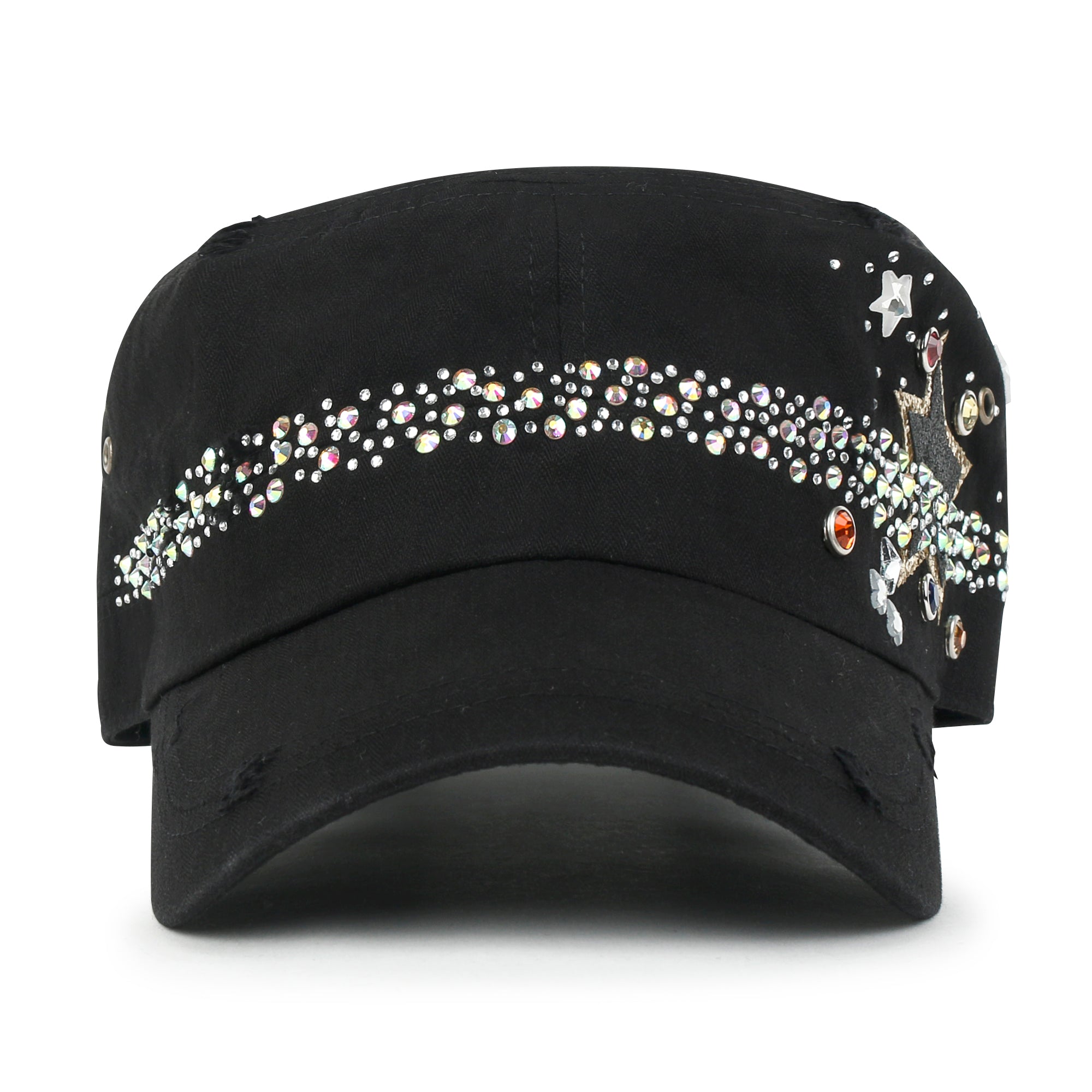 Vintage Distressed Star Spangle Cotton Army Hat Rhinestone Cadet Cap