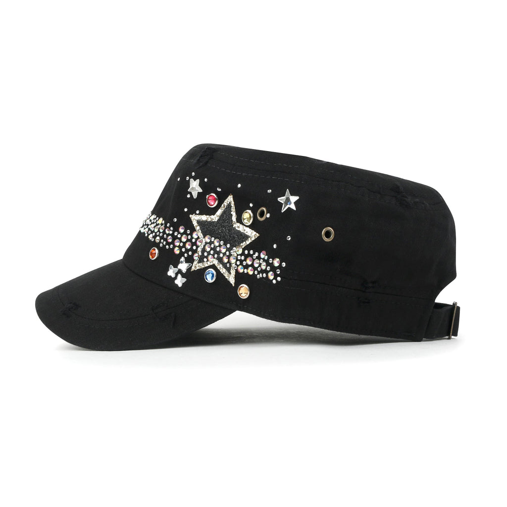 Vintage Distressed Star Spangle Cotton Army Hat Rhinestone Cadet Cap