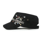 Vintage Distressed Star Spangle Cotton Army Hat Rhinestone Cadet Cap