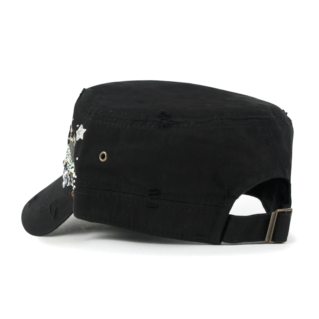 Vintage Distressed Star Spangle Cotton Army Hat Rhinestone Cadet Cap