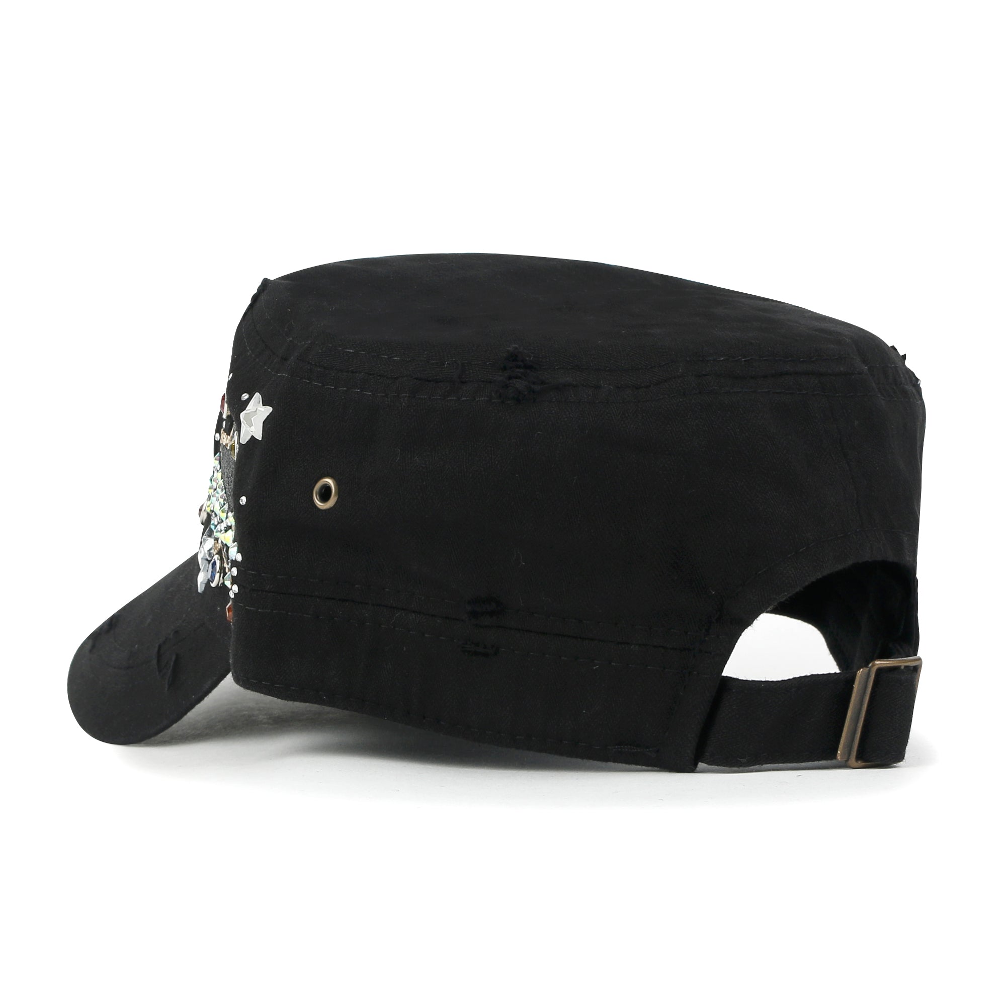 Vintage Distressed Star Spangle Cotton Army Hat Rhinestone Cadet Cap