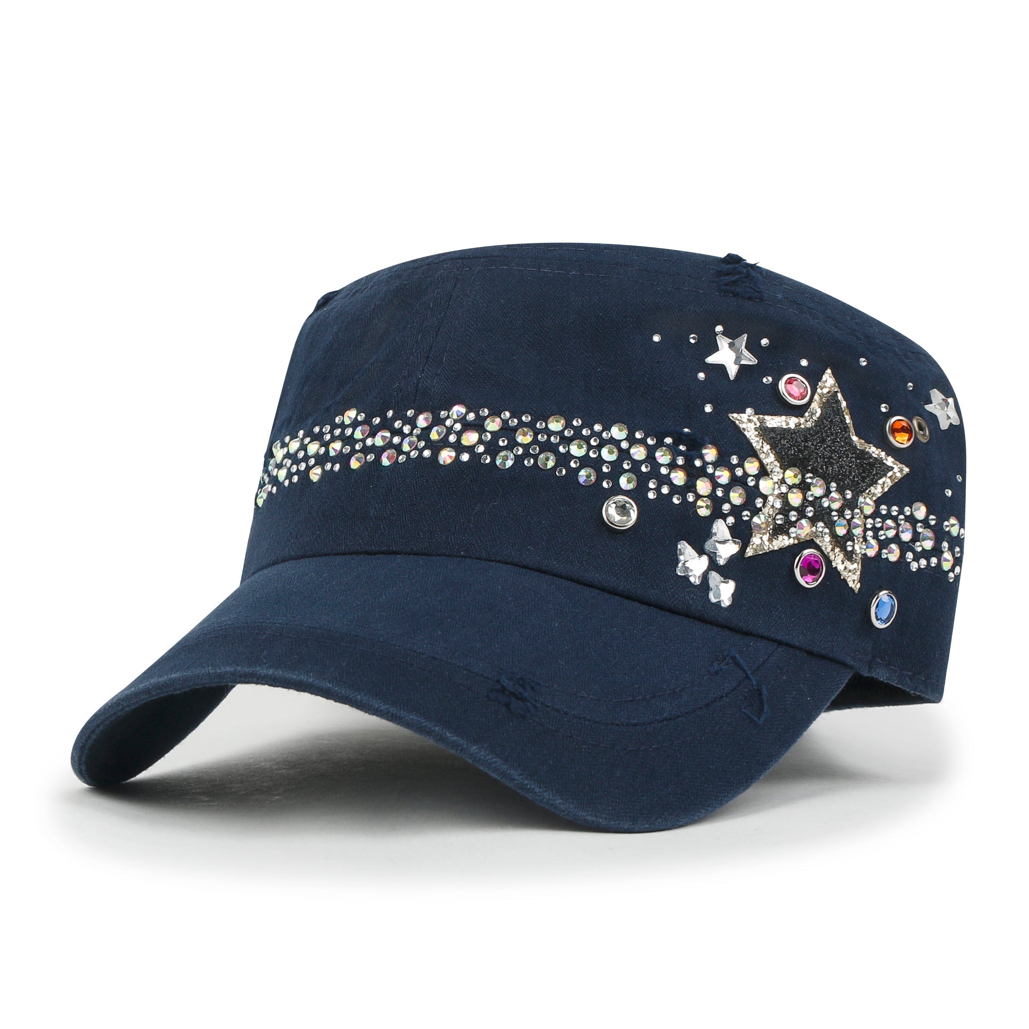 Vintage Distressed Star Spangle Cotton Army Hat Rhinestone Cadet Cap