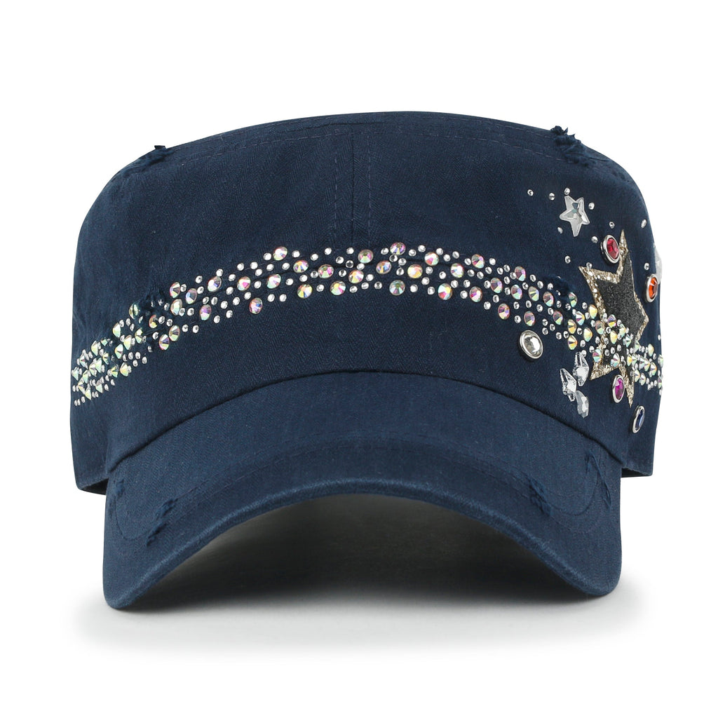Vintage Distressed Star Spangle Cotton Army Hat Rhinestone Cadet Cap