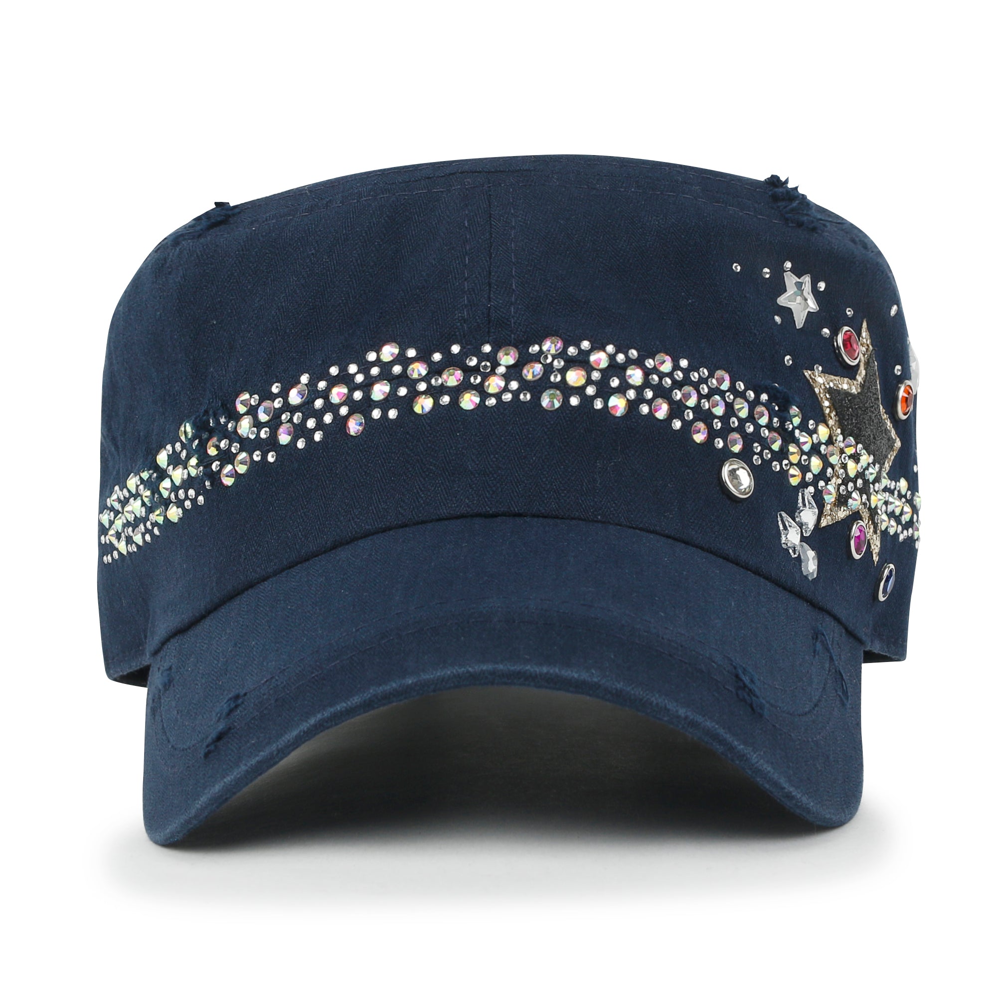 Vintage Distressed Star Spangle Cotton Army Hat Rhinestone Cadet Cap
