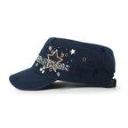 Vintage Distressed Star Spangle Cotton Army Hat Rhinestone Cadet Cap