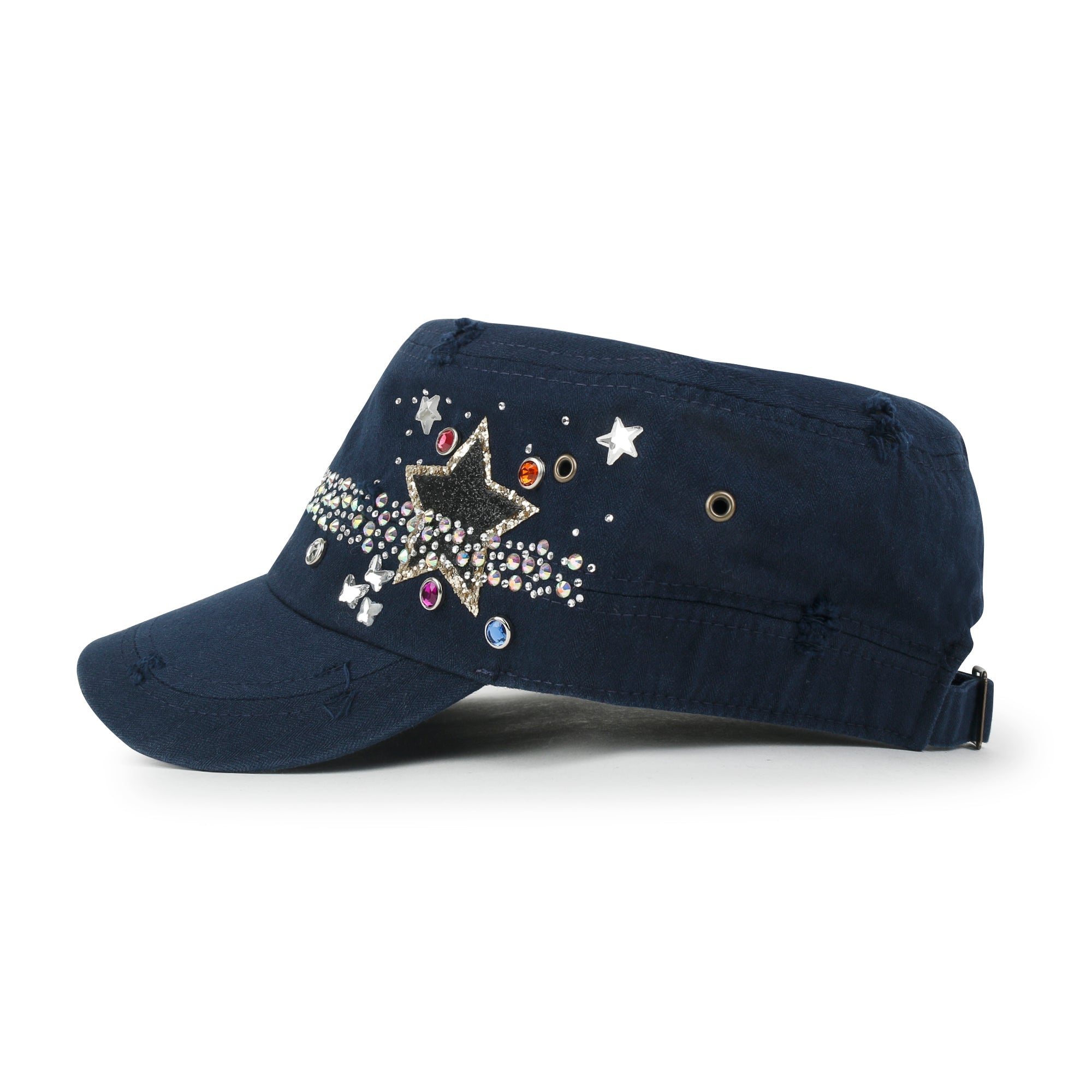 Vintage Distressed Star Spangle Cotton Army Hat Rhinestone Cadet Cap