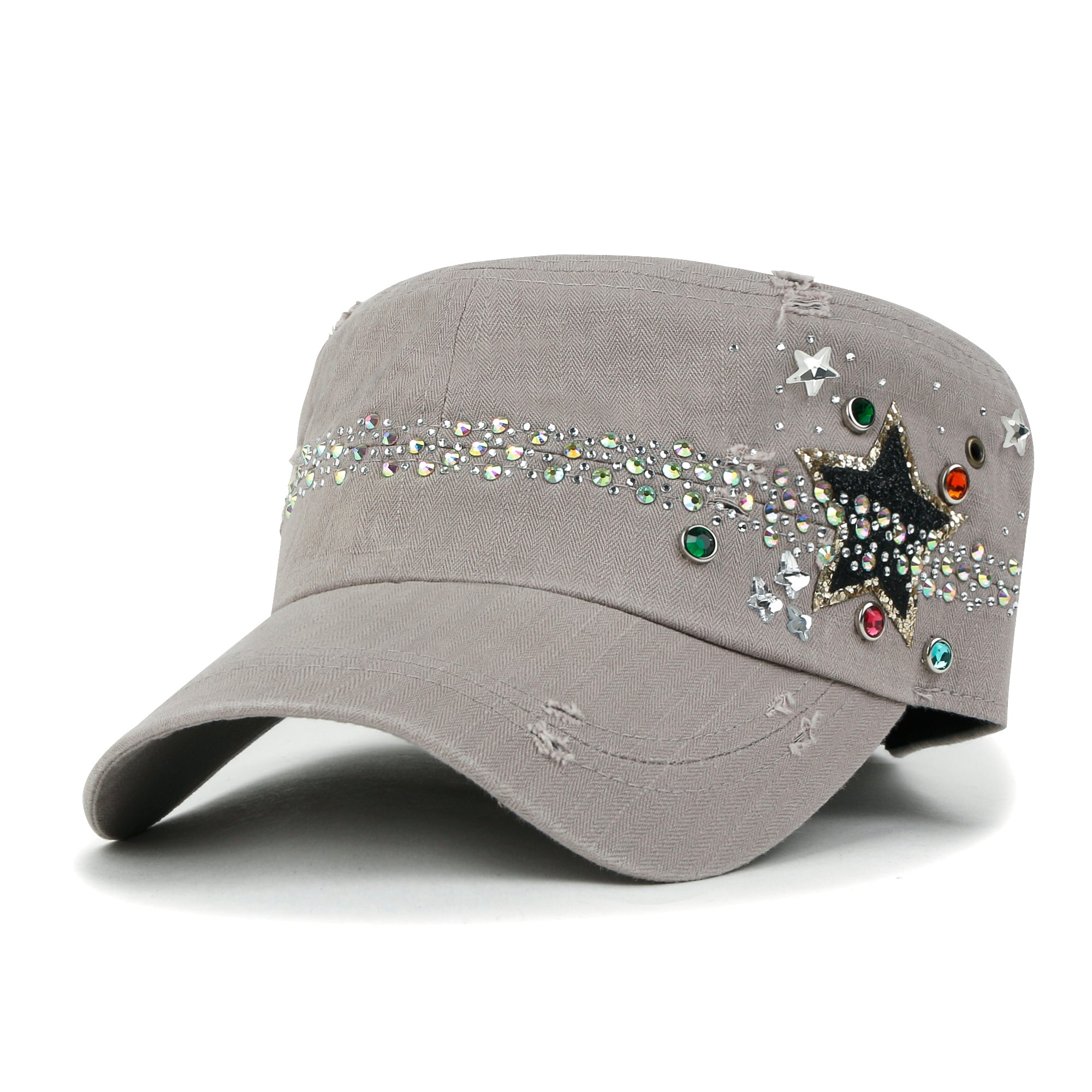 Vintage Distressed Star Spangle Cotton Army Hat Rhinestone Cadet Cap