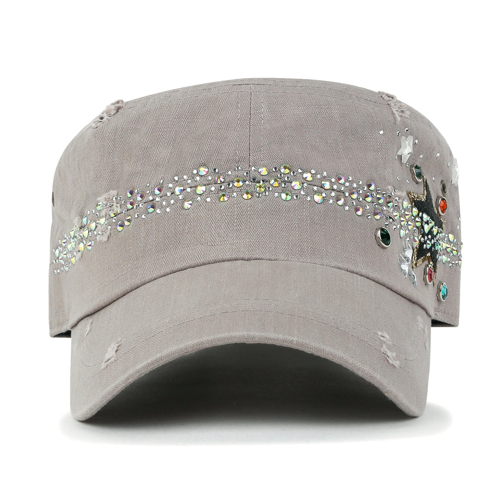 Vintage Distressed Star Spangle Cotton Army Hat Rhinestone Cadet Cap