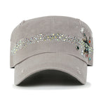 Vintage Distressed Star Spangle Cotton Army Hat Rhinestone Cadet Cap