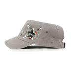 Vintage Distressed Star Spangle Cotton Army Hat Rhinestone Cadet Cap