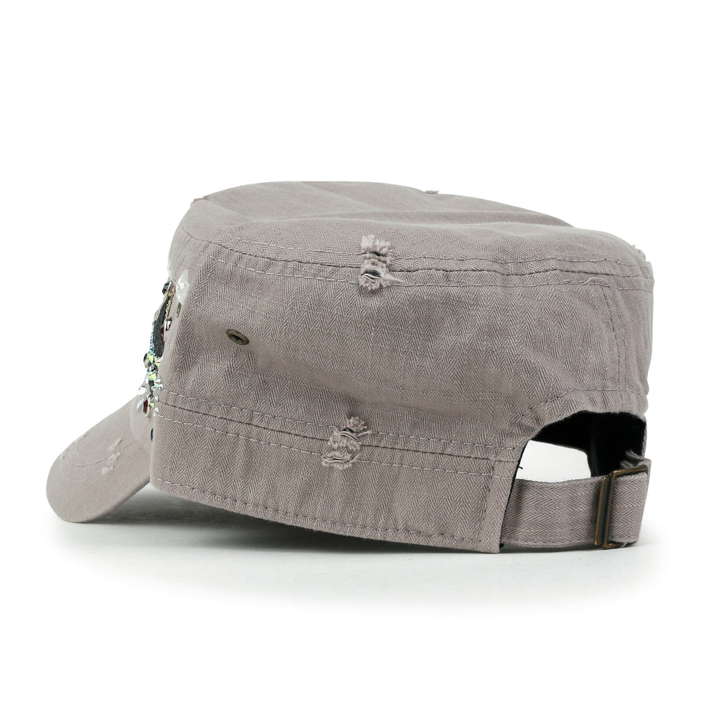 Vintage Distressed Star Spangle Cotton Army Hat Rhinestone Cadet Cap
