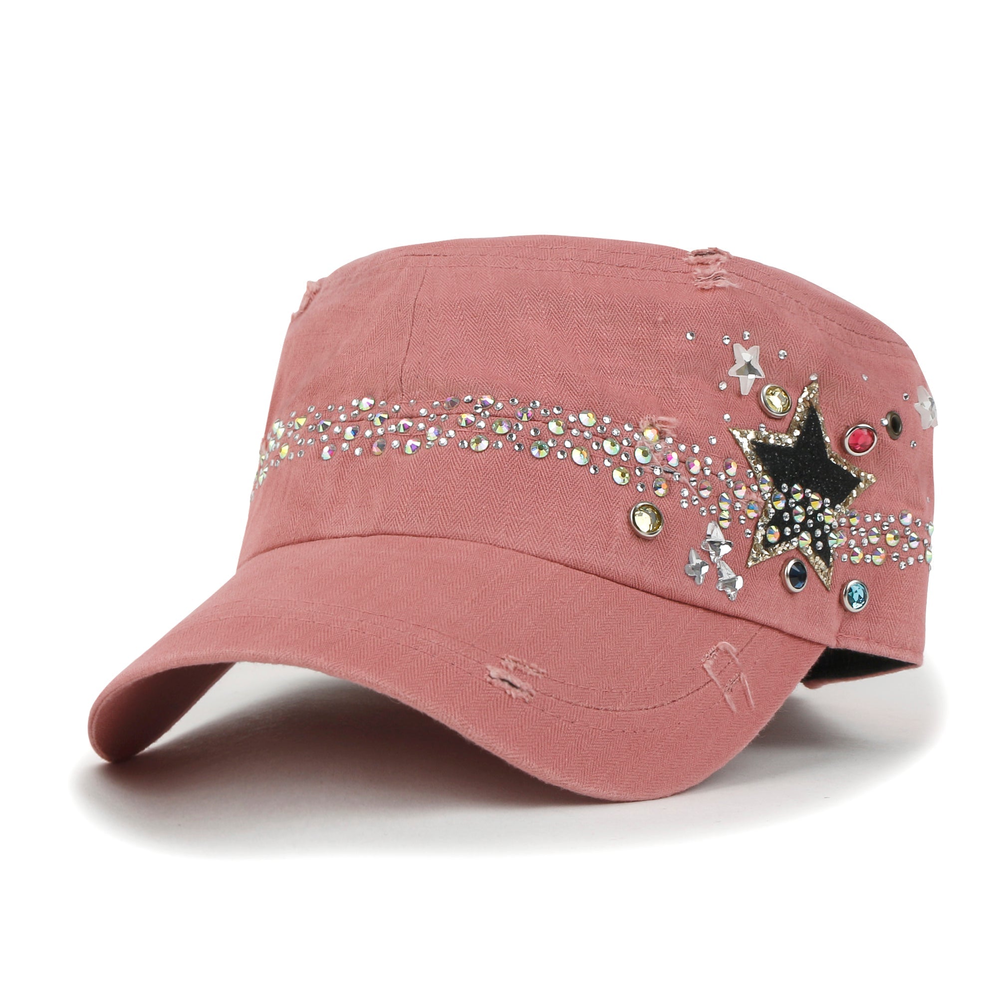 Vintage Distressed Star Spangle Cotton Army Hat Rhinestone Cadet Cap