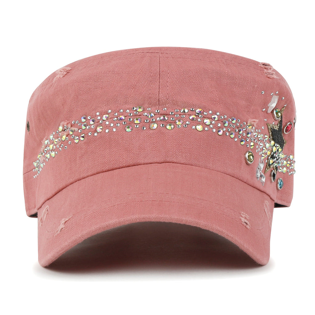 Vintage Distressed Star Spangle Cotton Army Hat Rhinestone Cadet Cap