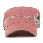 Vintage Distressed Star Spangle Cotton Army Hat Rhinestone Cadet Cap