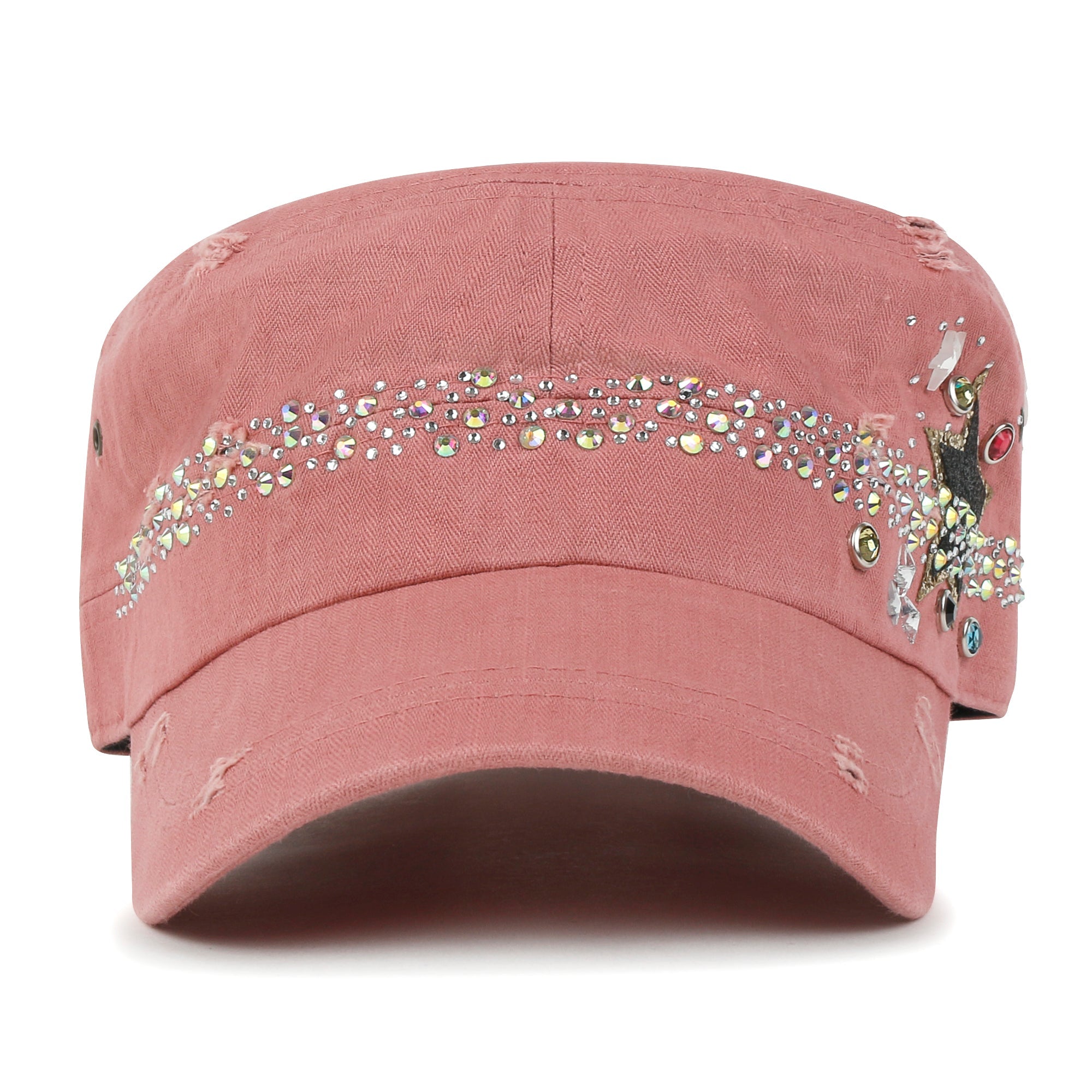 Vintage Distressed Star Spangle Cotton Army Hat Rhinestone Cadet Cap