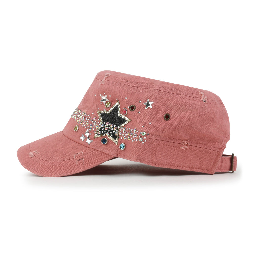 Vintage Distressed Star Spangle Cotton Army Hat Rhinestone Cadet Cap