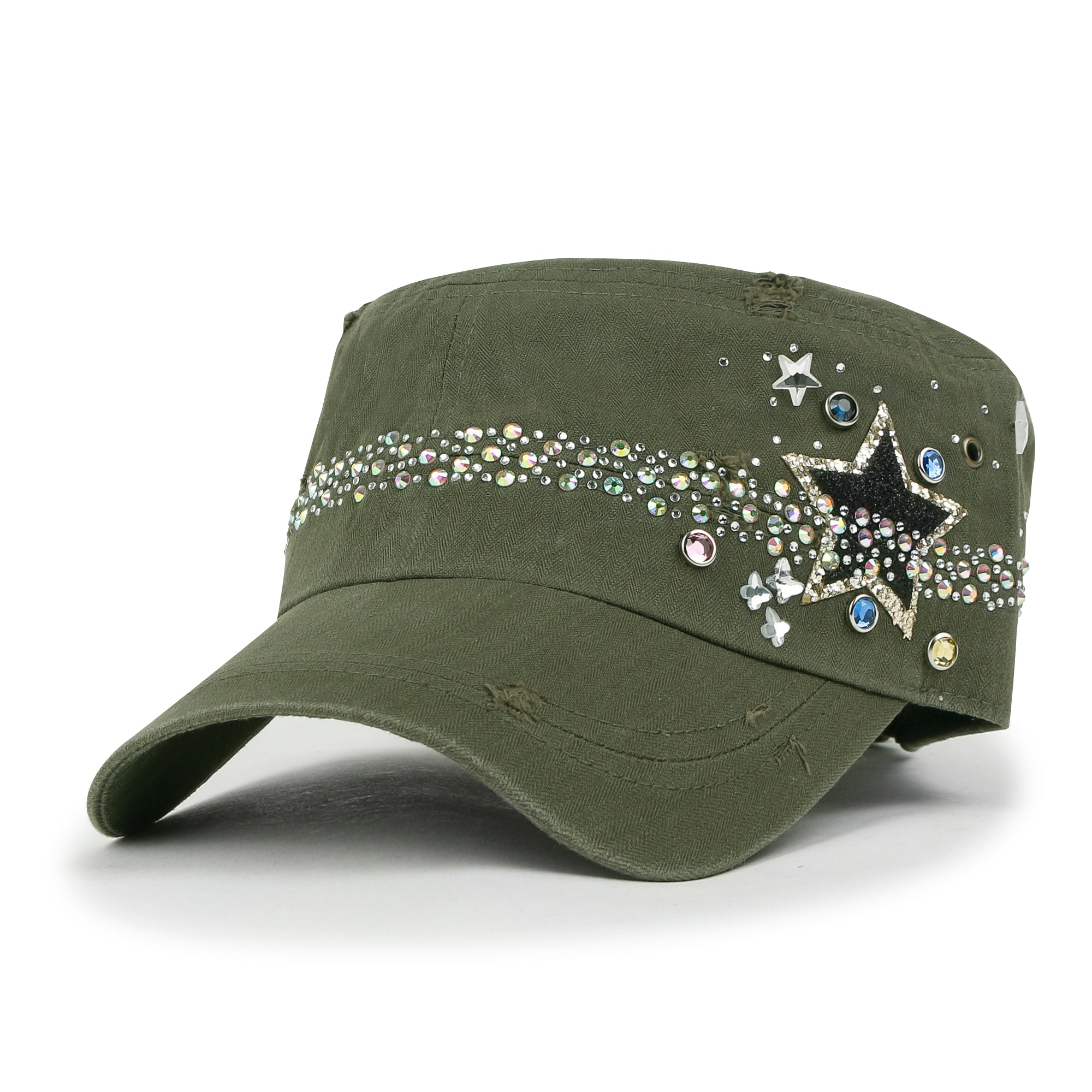 Vintage Distressed Star Spangle Cotton Army Hat Rhinestone Cadet Cap