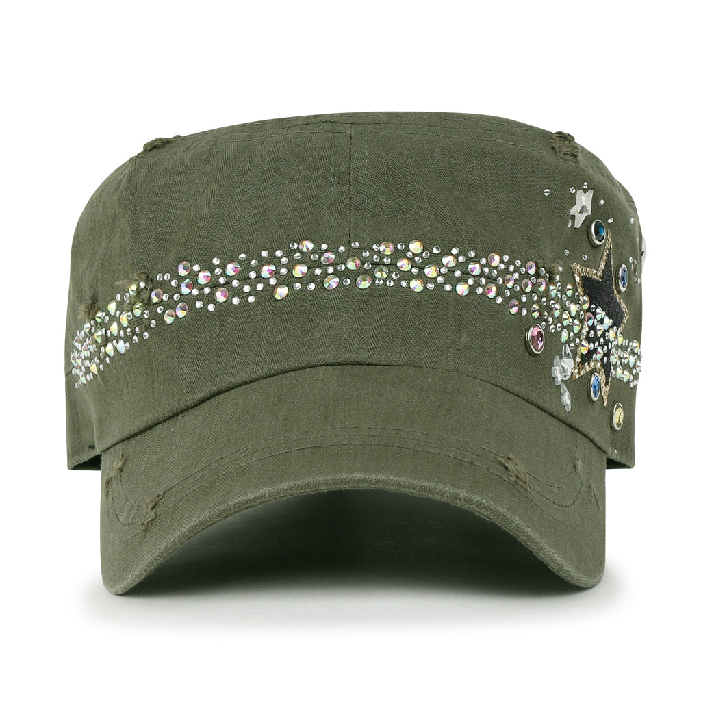 Vintage Distressed Star Spangle Cotton Army Hat Rhinestone Cadet Cap