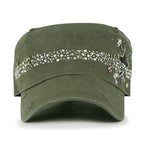 Vintage Distressed Star Spangle Cotton Army Hat Rhinestone Cadet Cap