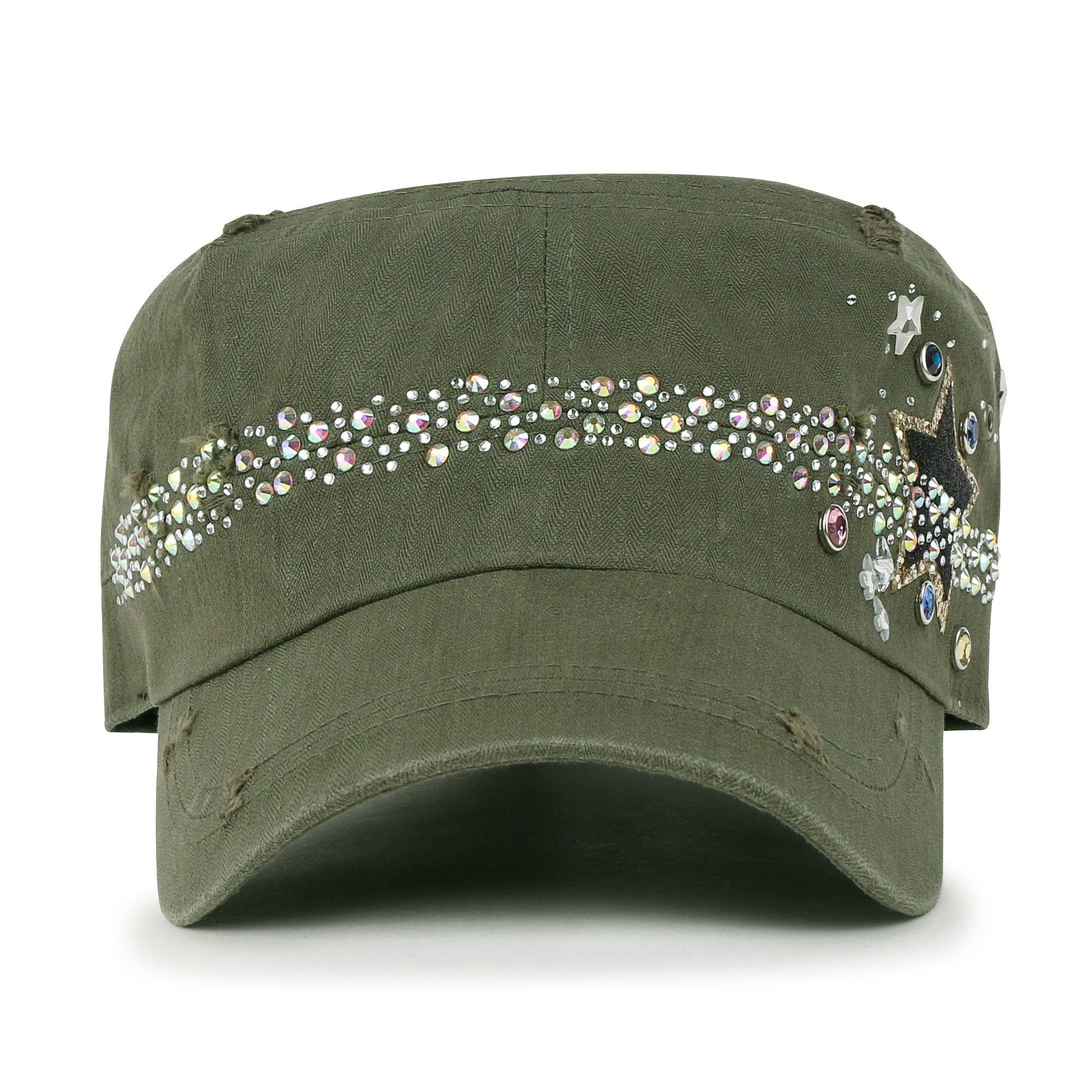 Vintage Distressed Star Spangle Cotton Army Hat Rhinestone Cadet Cap