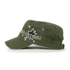Vintage Distressed Star Spangle Cotton Army Hat Rhinestone Cadet Cap