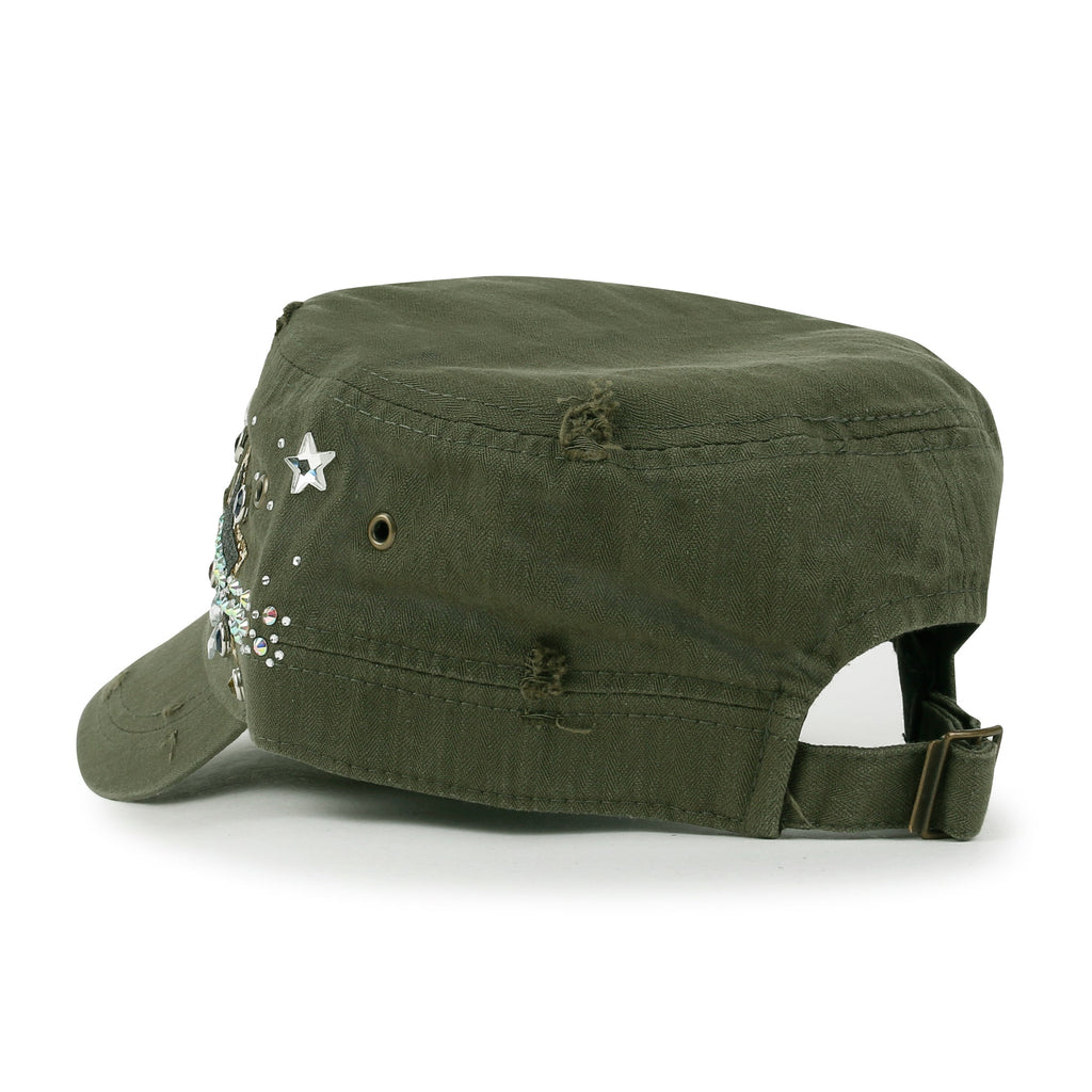 Vintage Distressed Star Spangle Cotton Army Hat Rhinestone Cadet Cap