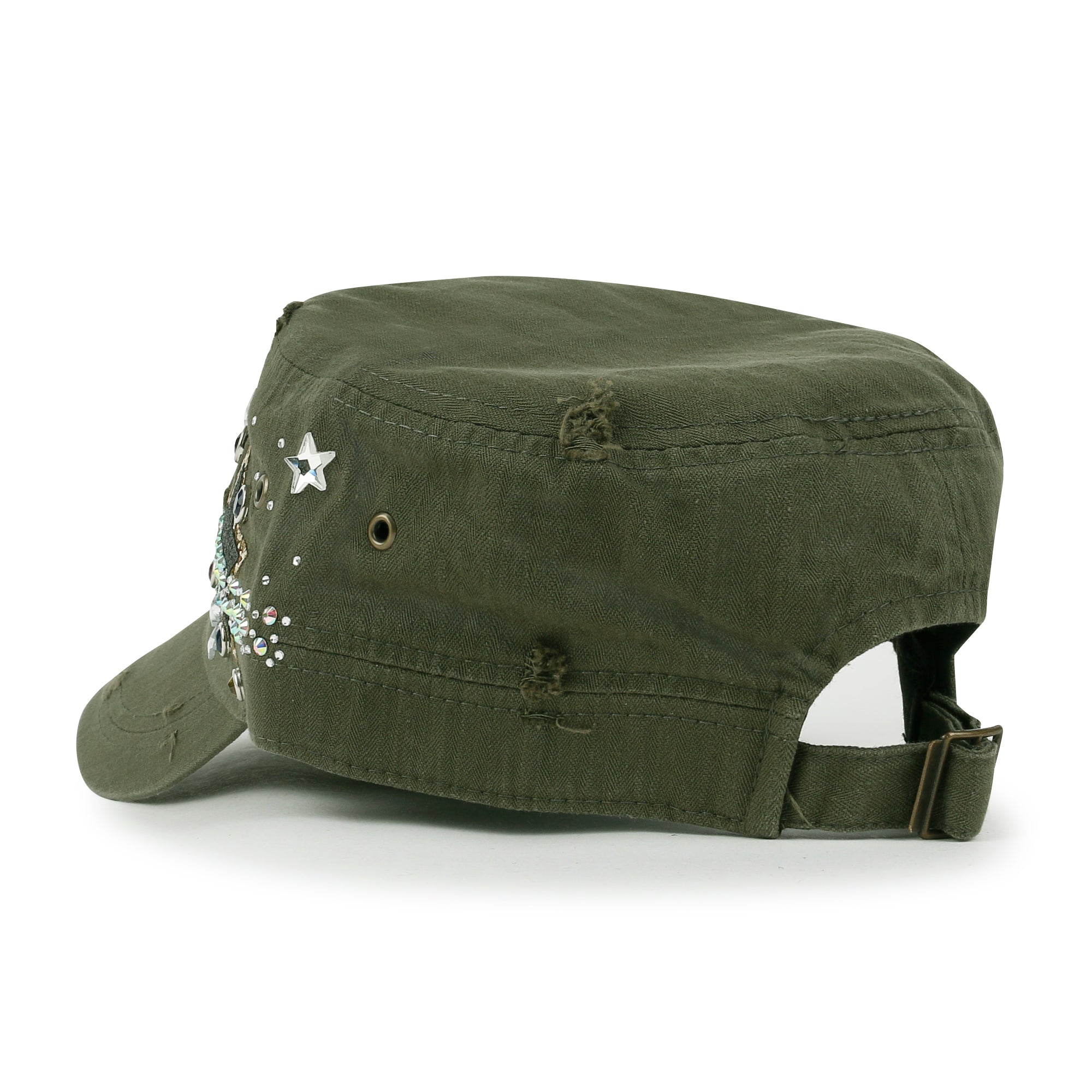 Vintage Distressed Star Spangle Cotton Army Hat Rhinestone Cadet Cap