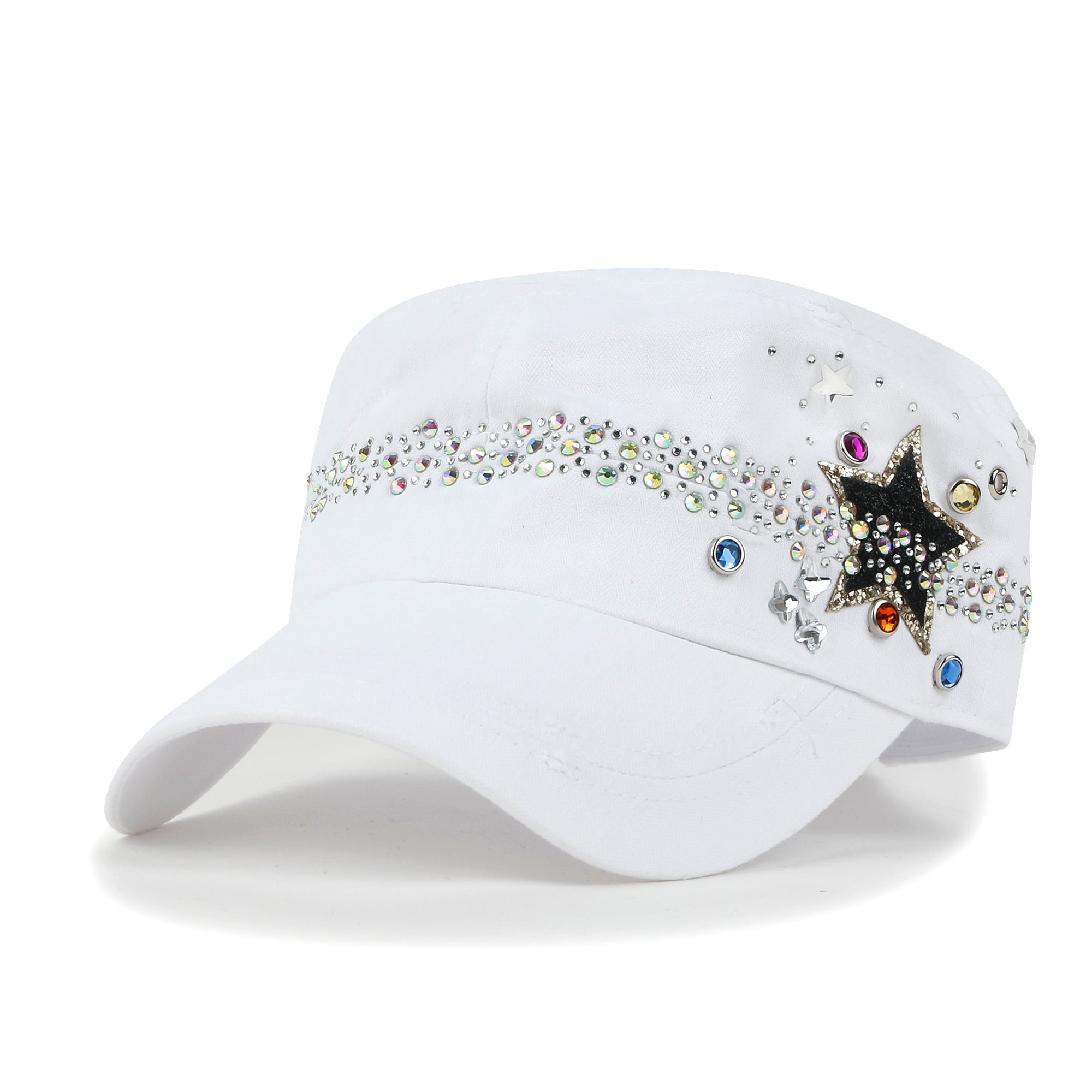 Vintage Distressed Star Spangle Cotton Army Hat Rhinestone Cadet Cap