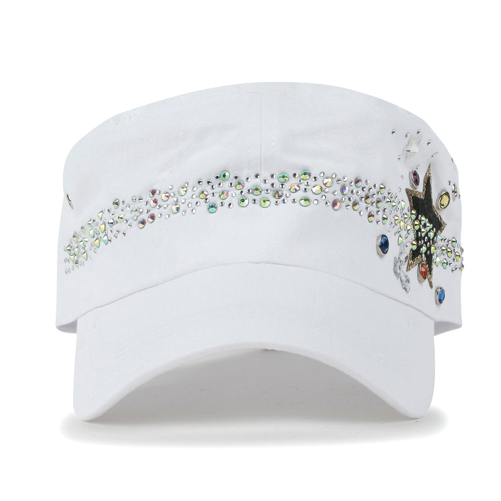 Vintage Distressed Star Spangle Cotton Army Hat Rhinestone Cadet Cap