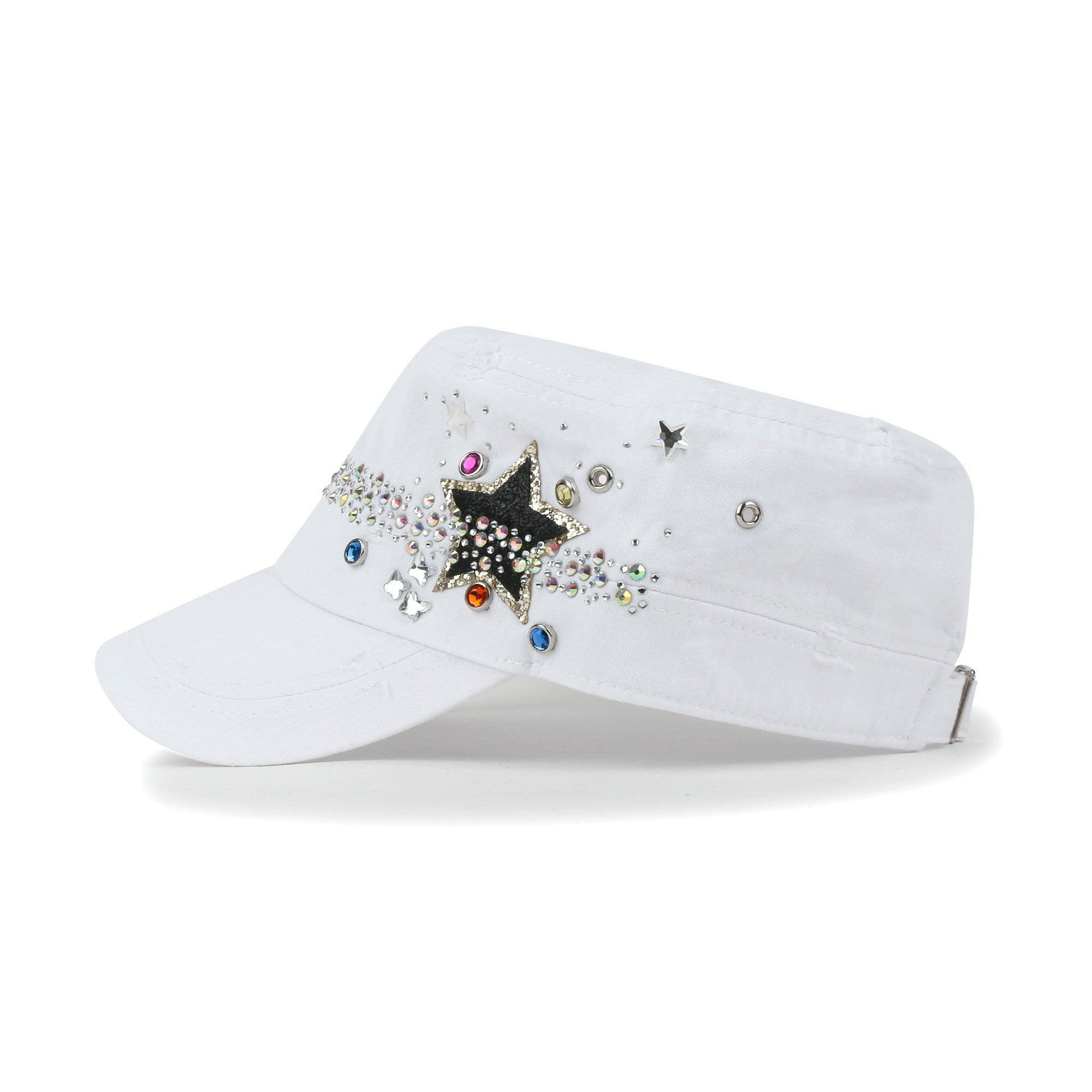 Vintage Distressed Star Spangle Cotton Army Hat Rhinestone Cadet Cap