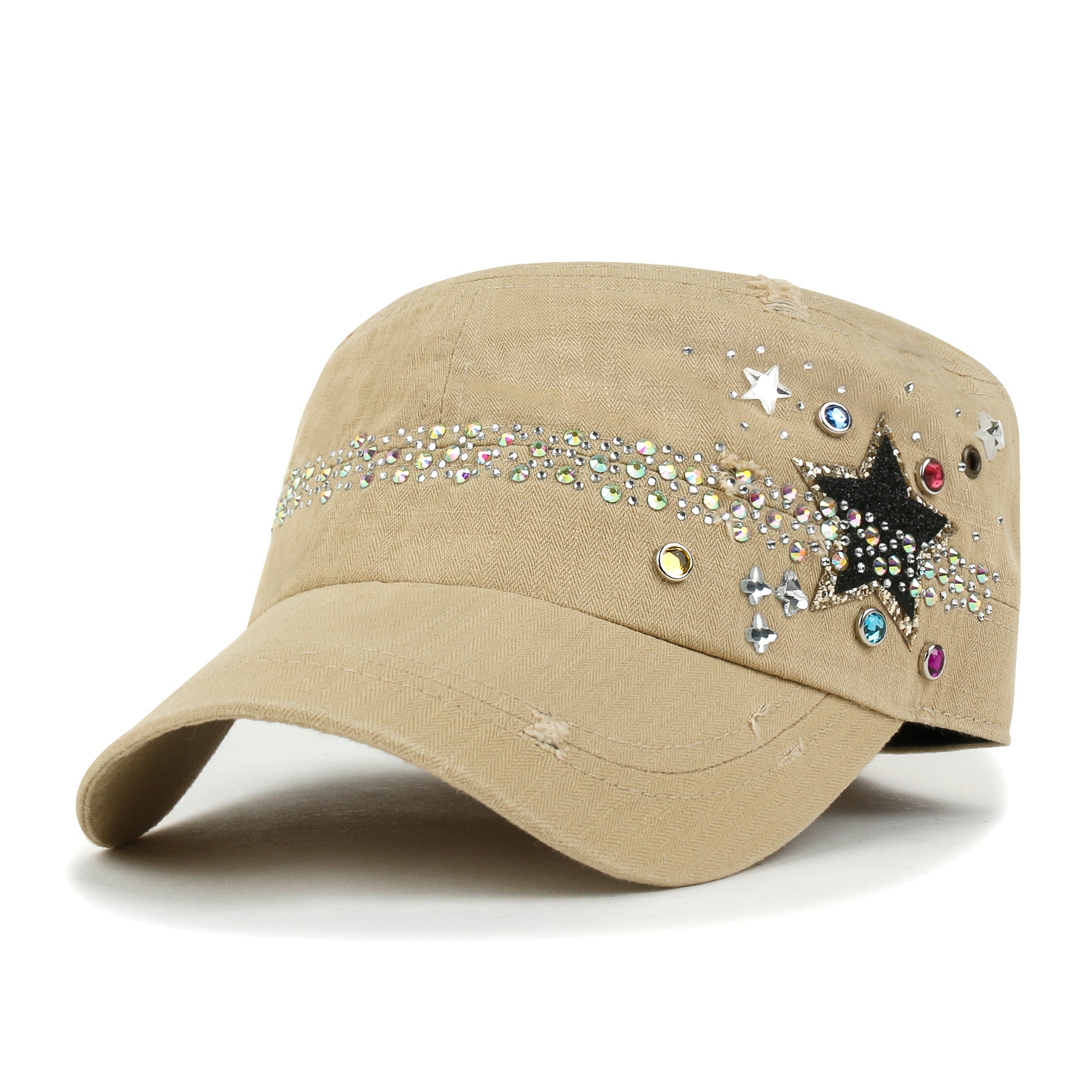 Vintage Distressed Star Spangle Cotton Army Hat Rhinestone Cadet Cap