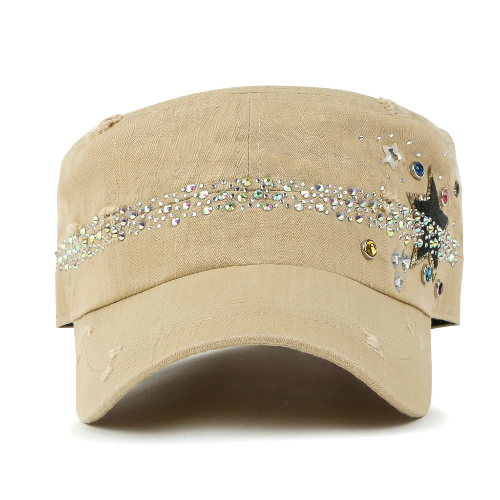 Vintage Distressed Star Spangle Cotton Army Hat Rhinestone Cadet Cap