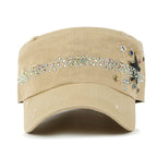 Vintage Distressed Star Spangle Cotton Army Hat Rhinestone Cadet Cap