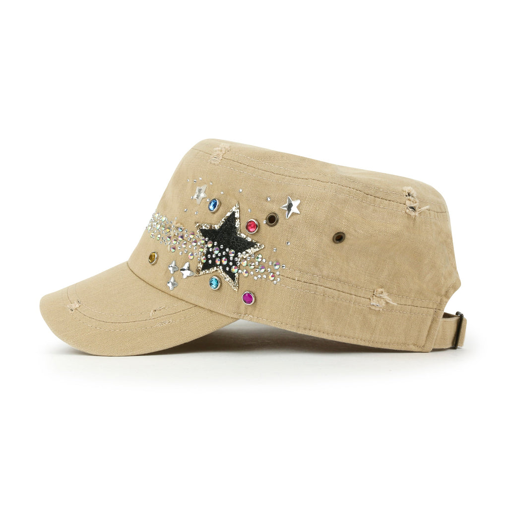 Vintage Distressed Star Spangle Cotton Army Hat Rhinestone Cadet Cap