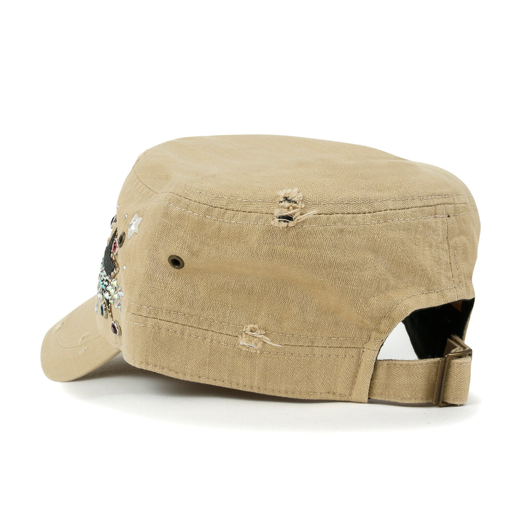 Vintage Distressed Star Spangle Cotton Army Hat Rhinestone Cadet Cap