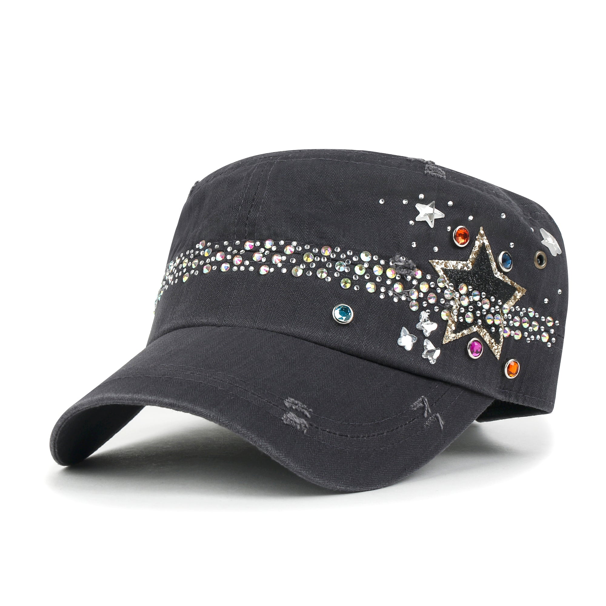 Vintage Distressed Star Spangle Cotton Army Hat Rhinestone Cadet Cap