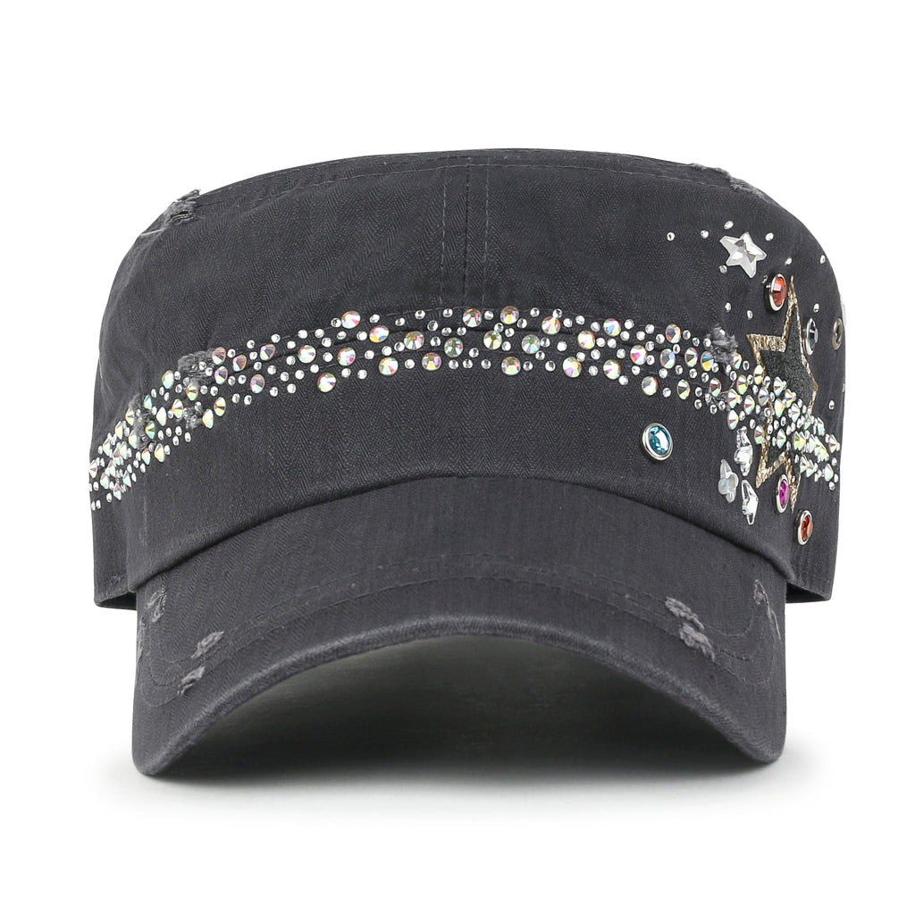 Vintage Distressed Star Spangle Cotton Army Hat Rhinestone Cadet Cap